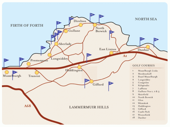 Map of East Lothian Golf Courses